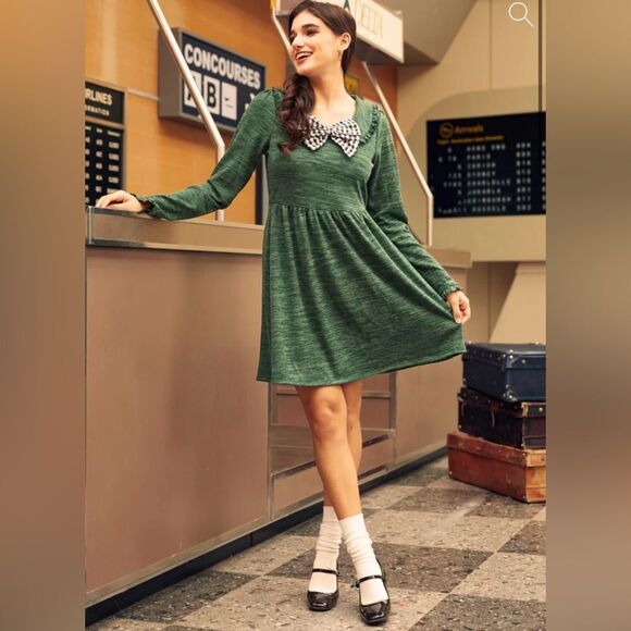 Modcloth Emerald Green Touched by Time Ruffle Accent Buffalo Plaid Bow M NWT - Picture 4 of 13